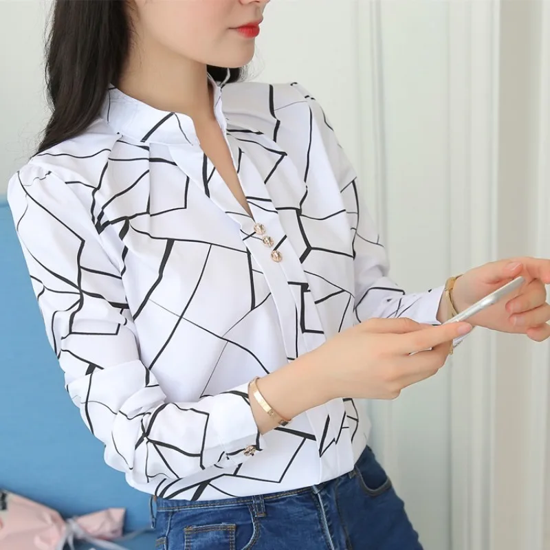 

Women White Tops Blouses Fashion Stripe Print Casual Long Sleeve Office Lady OL Shirts Slim Blusas