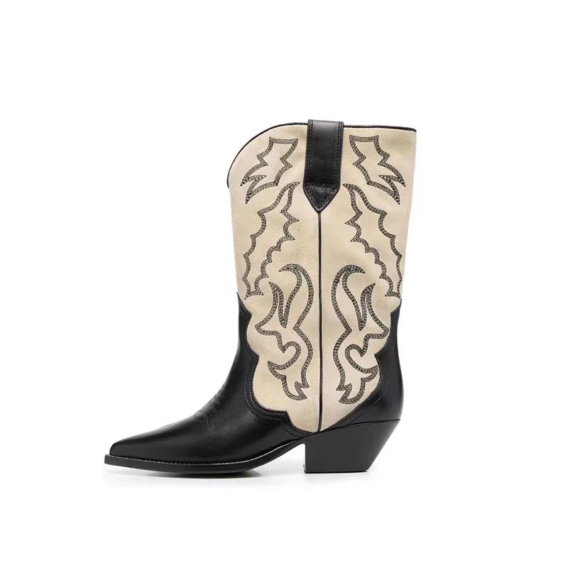 

Pointed Toe Mid Calf Boots Women Wide Calf Mixed Color Embroider Thick Heel Western Boots Autumn Winter Slip On Knight Boots