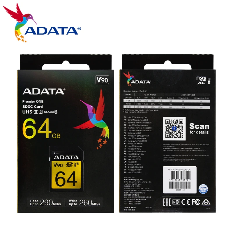 ADATA ̾  SD ī ޸ ī, SDXC 64GB, 128GB, 256GB, V90 UHS-II б, ִ 290 MB/S ÷, 8K, 4K ī޶