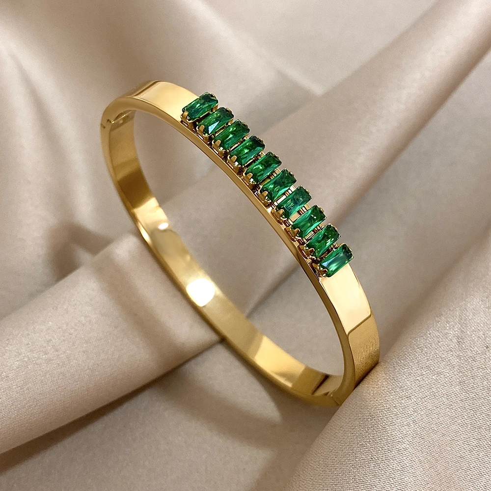 Gorgeous Green Zircon Stainless Steel Bracelet Geometric Thin Bangle for Women Wedding Birthday Party Waterproof Cuff Jewelry 4
