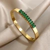 Gorgeous Green Zircon Stainless Steel Bracelet Geometric Thin Bangle for Women Wedding Birthday Party Waterproof Cuff Jewelry 4