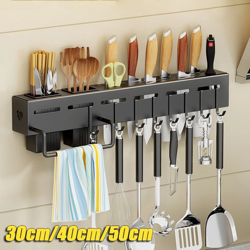Stainless Steel Wall-mounted Multifunctional Storage Knife Rack with Multiple Brackets and Hooks Kitchen Storage Rack