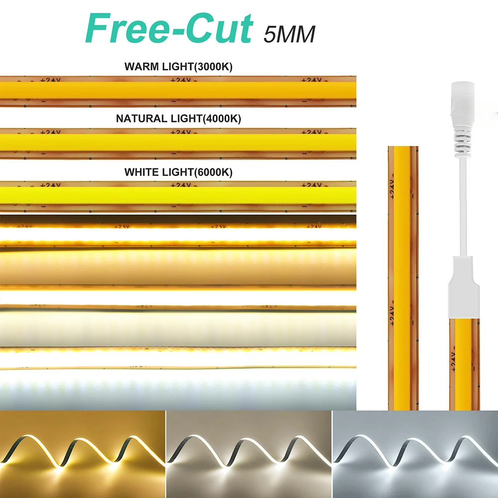 프리컷 5mm PCB COB LED 스트립 라이트 400LED/m 24V RA90 플렉시블 램프 3000K 4000K 6000K DC 미국/영국/호주/유럽 전원 플러그 2핀 와이어 포함