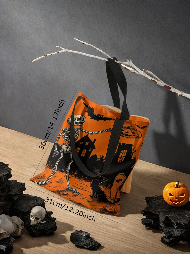 Halloween Skeleton and Pumpkin and Bat Pattern Printed Casual Handbag, Reusable Fashion Shopping Bag