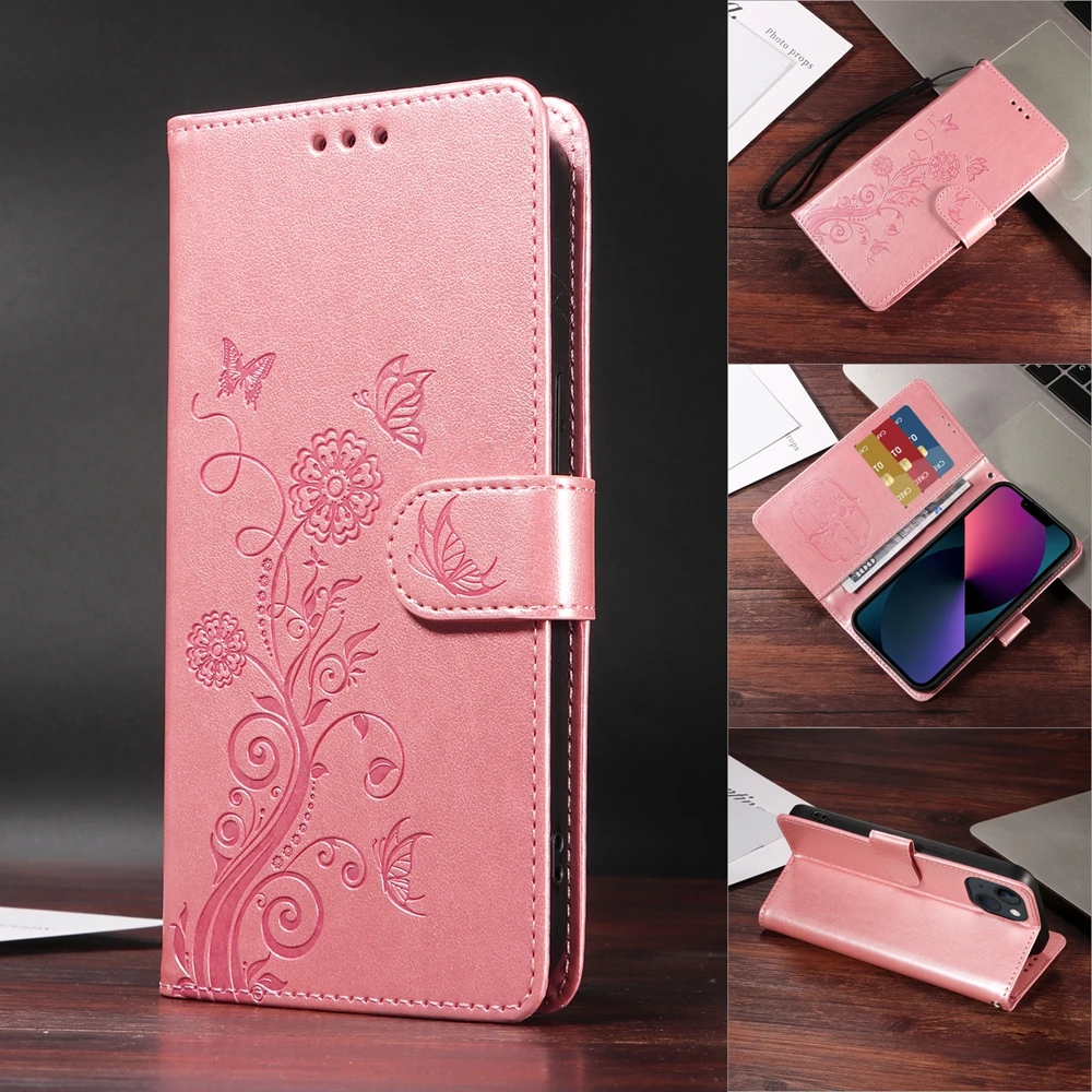 Embossed Butterfly Flower Magnetic Leather Wallet Phone Case Cover