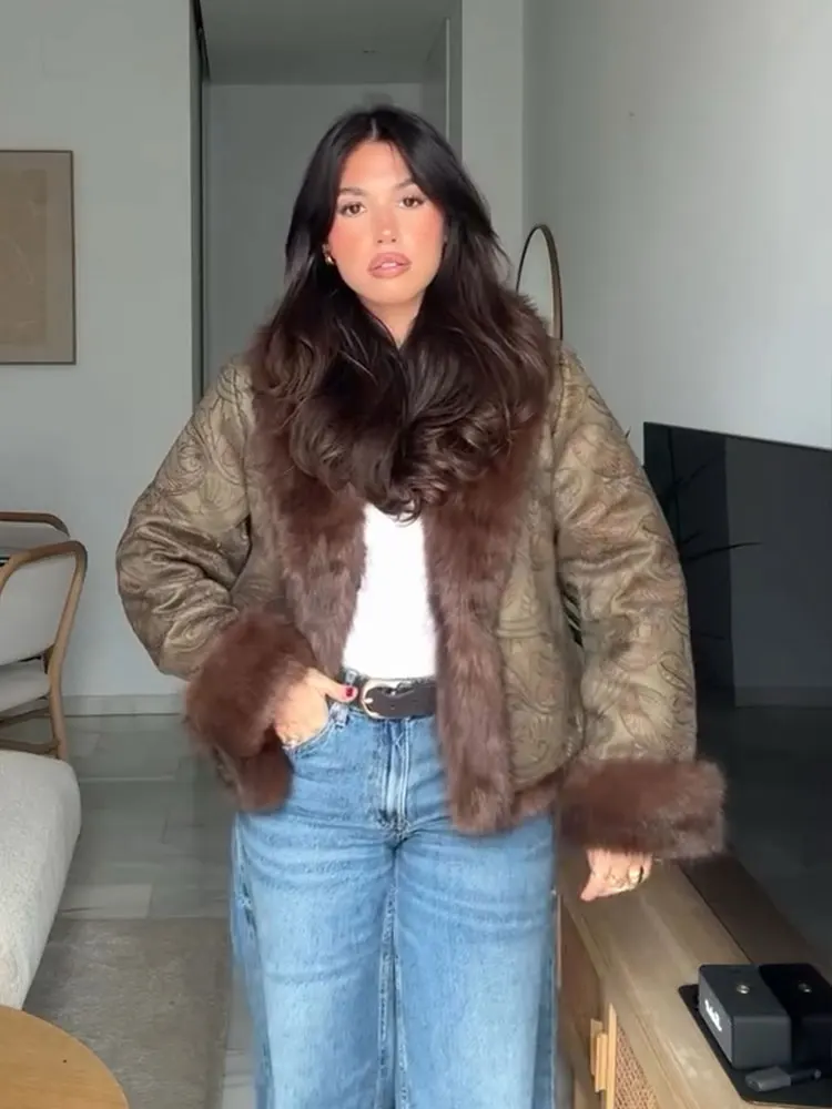 HH Women Faux Fur Collar FIoral Embroidery Coat Vintage Long Sleeve Open Stitch Jacket Winter Thicken Warm Woman Chic Outerwears