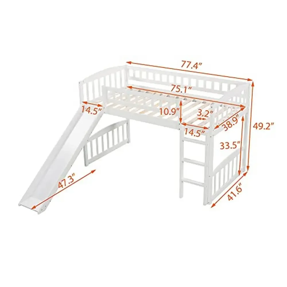Kids Twin Loft Bed with Slide and Ladder White Pine Wood Low Loft Bed Boys and Girls Pet Friendly Sturdy Construction Modern 2