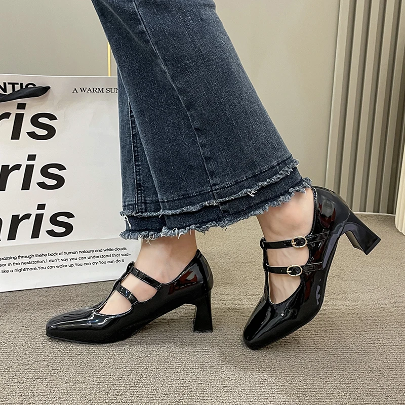 

Женские туфли-лодочки из натуральной кожи, с квадратным носком, на среднем каблуке