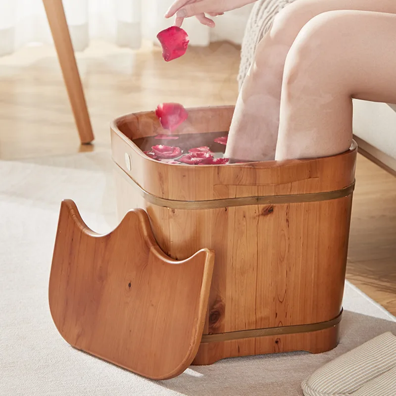 

Cypress Wood Foot Bath Bucket Household Over The Calf Solid Wood Foot Soaker Tub High Depth Wood Square Footbath Machine