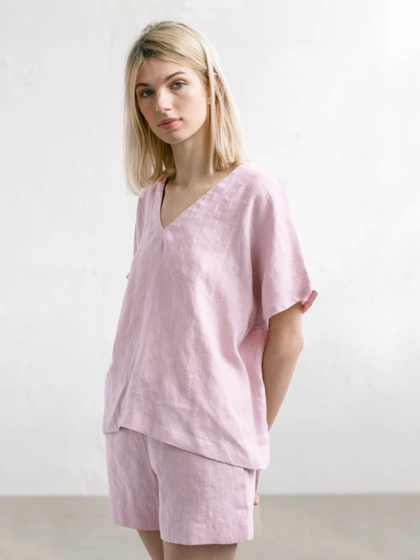 Marthaqiqi Cotton Women'S Nightwear 2 Piece Set Sexy V-Neck Sleepwear Short Sleeve Nightgowns Shorts Casual Ladies Pajamas Suit