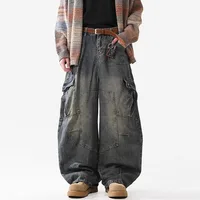 Retro Multi Pocket Curved Knife Jeans Autumn And Winter Vintage Wide Leg Workwear Pants Korean Version High Street Men'S Jeans