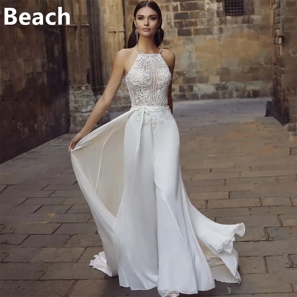 

Halter Neck Lace Wedding JumpSuit Princess Sleeveless Backless Chiffon Bridal Gowns Detachable Train Beach Bride Dress