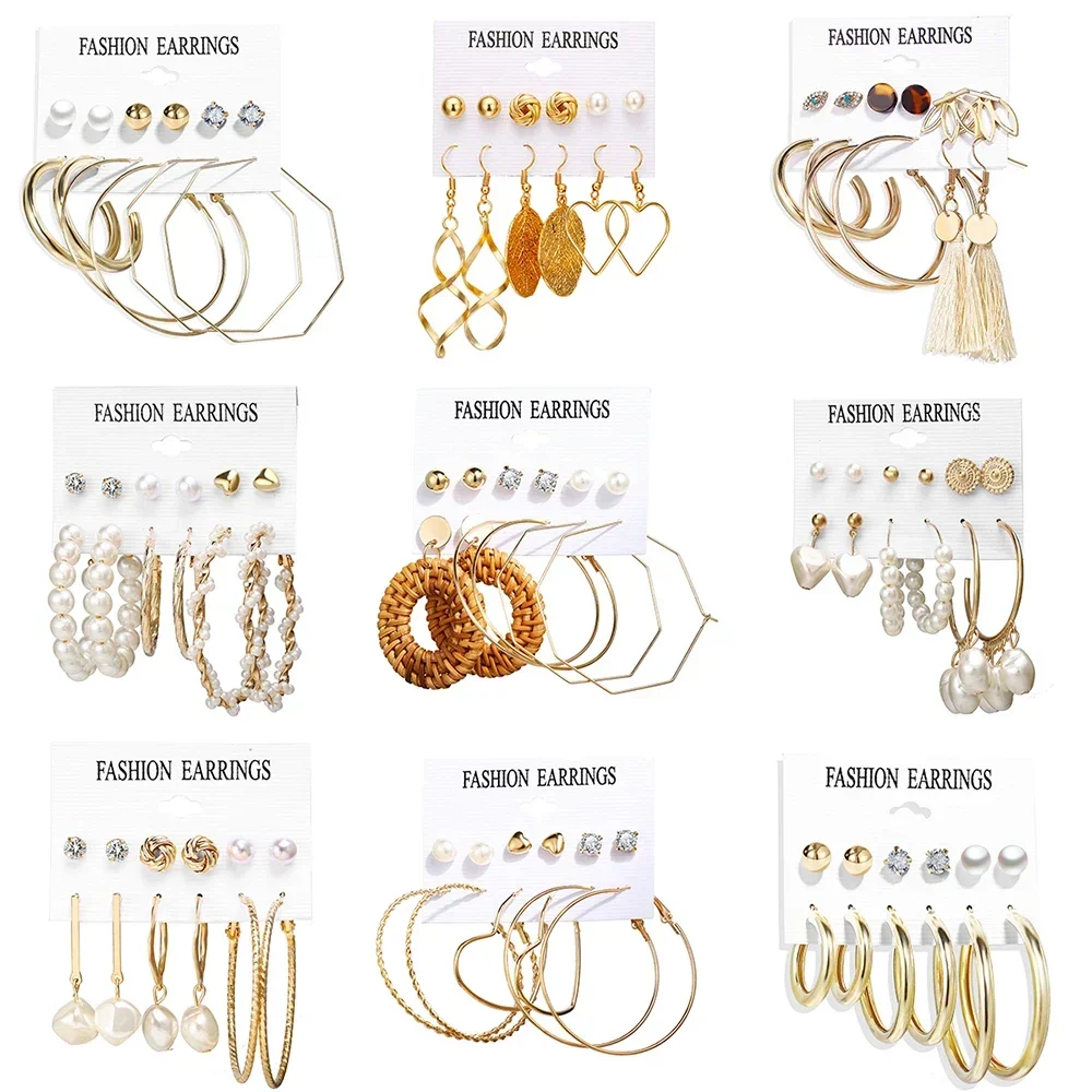 Women Earrings Set Tassel Pearl Bohemian Fashion Geometric Kolczyki Hoop dangle earrings,hoop earrings,pearl earrings,crystal tassel earrings