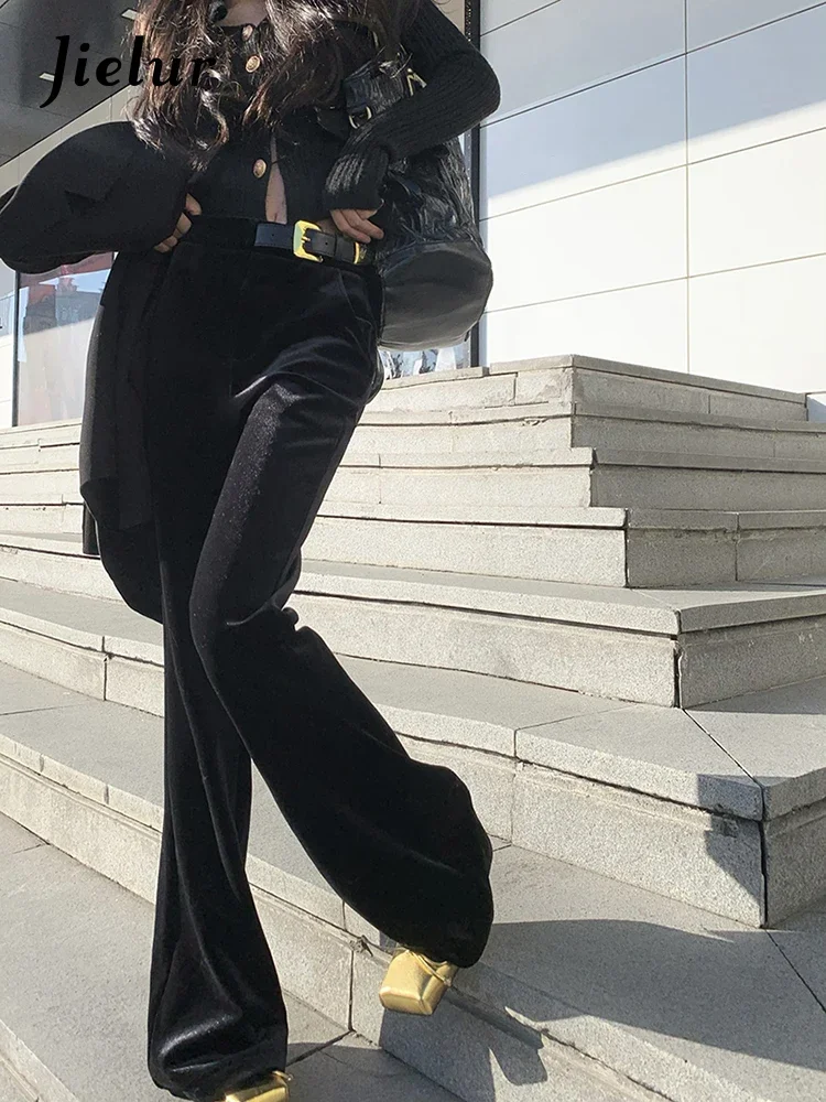Jielur New Gold Leather Loop Buckle Velvet Black Flare Pants Spring Korean Fashion Versatile Women Casual Simple Women's Pants