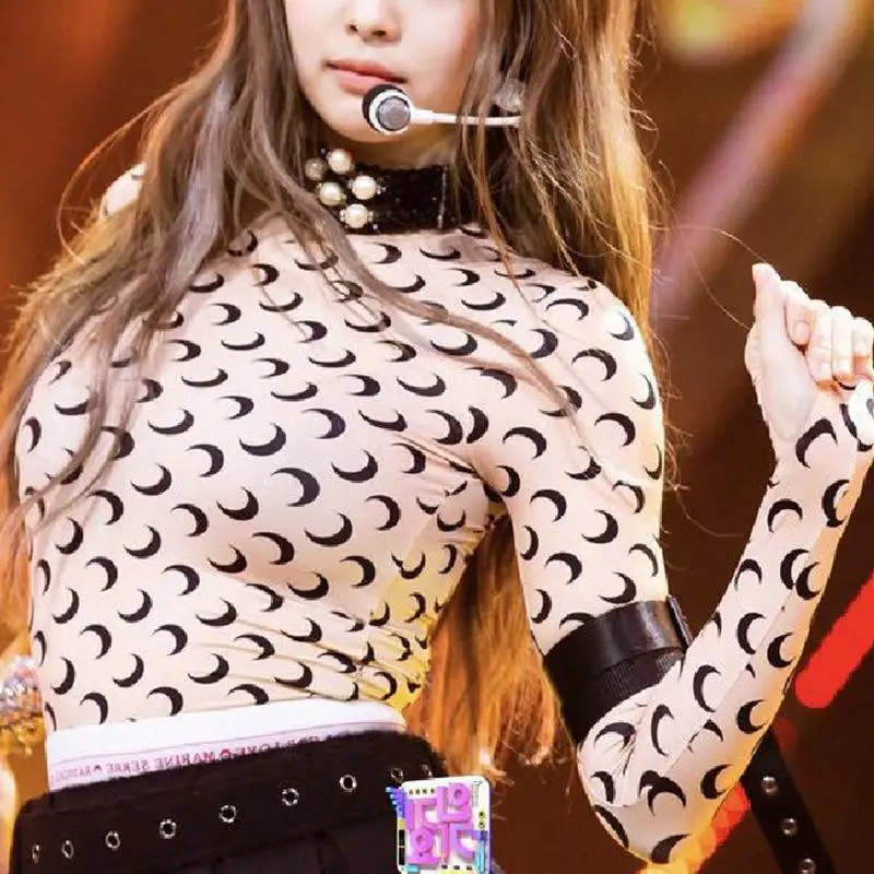 Woman Clothes Korean Moon Print Long Sleeve T-Shirt Fashion Casual Layered Sun Protection Top Ice Silk Basic Tee Spring Autumn