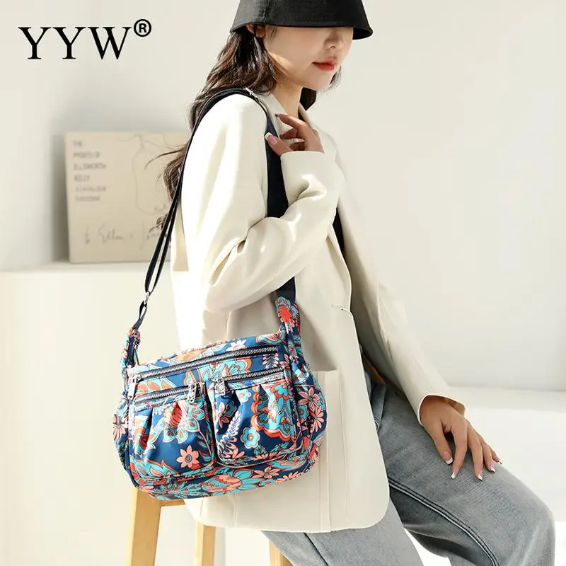Large Capacity Nylon Women's Floral Pastoral Shoulder Bag Casual Waterproof Messenger Purse Ladies Travel Totebag Mother Handbag