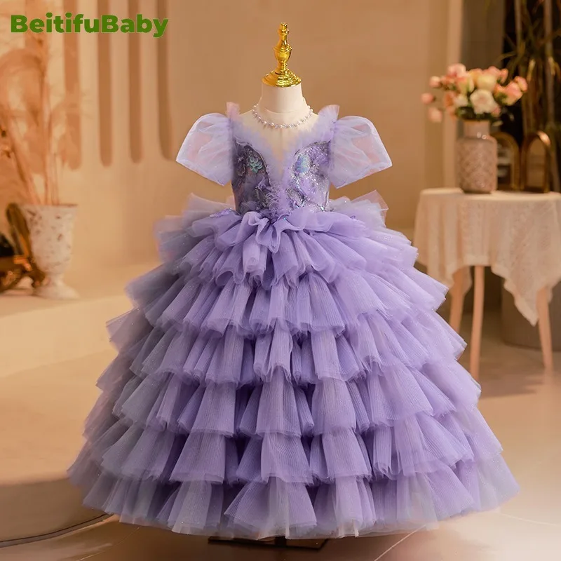 

BeitifuBaby Girl платье 2024 фиолетовый принцесса стиль V-образный вырез с коротким рукавом Блестки Кружева Пышное Бальное Платье Цветочные Детские платья торта