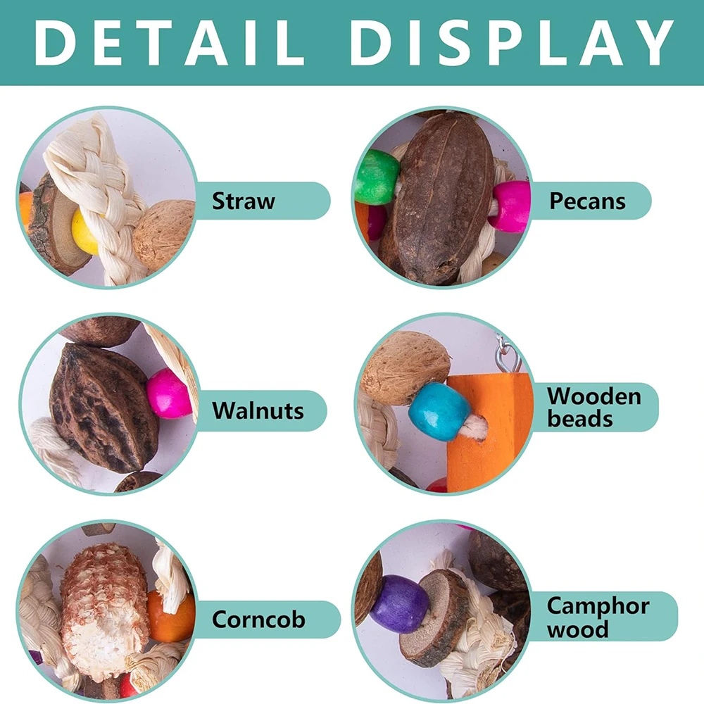 Large Parrot Chewing Toys Wooden Bird Cage Toy Natural Nuts Corn Parrot Toy for African Grey Macaws Cockatoos Other Large Birds