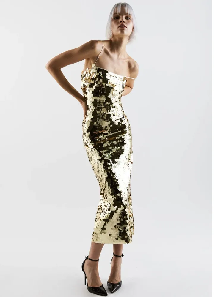 

Женское блестящее длинное платье, элегантное золотистое вечернее облегающее платье до щиколотки с блестками, 2022