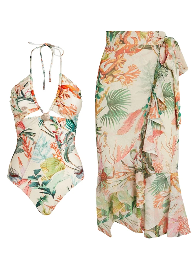 

Design Landscape Print Fashion Hanging Neck Deep V-neck Sexy Casual one Piece Swimsuit Bikini Long Covering Beach Vacation