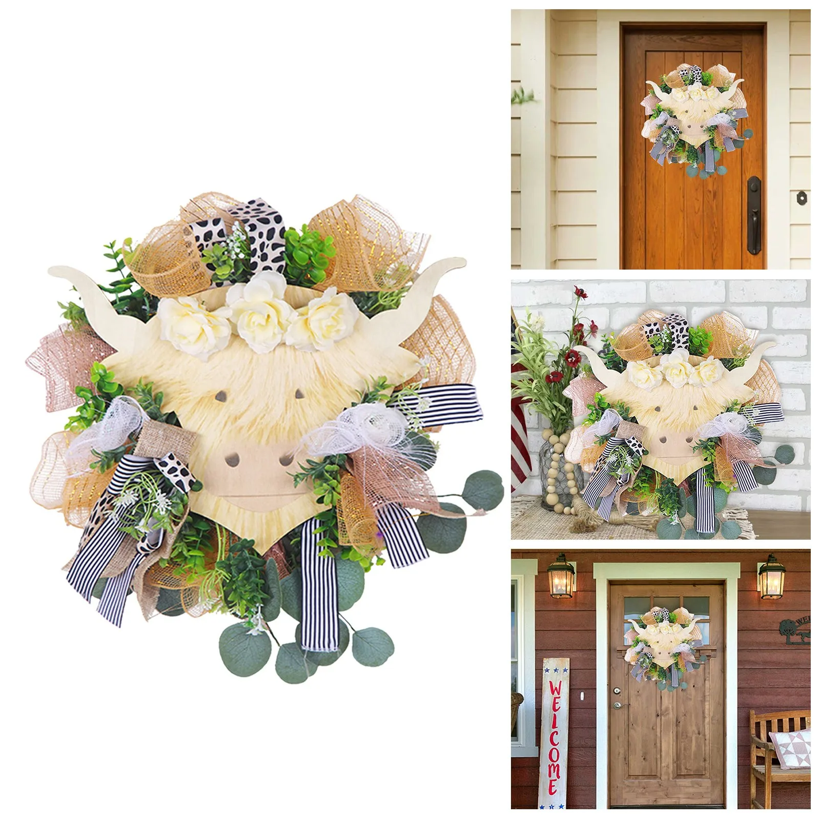 

Mini Wreath for Crafts Adorable Cow Wreath 17 Inch Spring Decoration Wreath With Lanyard Wreath Window Suction Cups