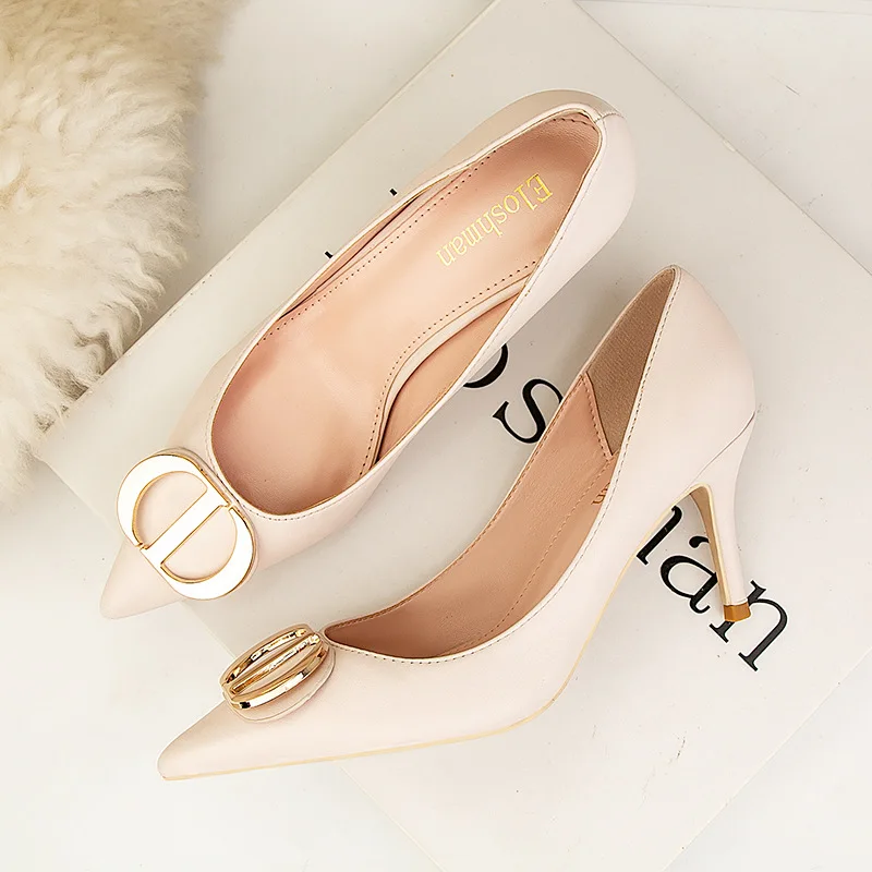 2022New Metal Buckle Fashion High Heels Shoes Women Pumps Pointy Toe Soft Leather Female Wedding Dress Shoes Black Shallow Heels