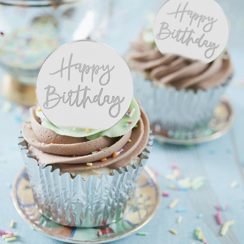 10pcs Happy Birthday Cupcake Toppers Gold Acrylic Circle Dessert Cake DIY Decorations Insert Card Kids Birthday Party Supplies
