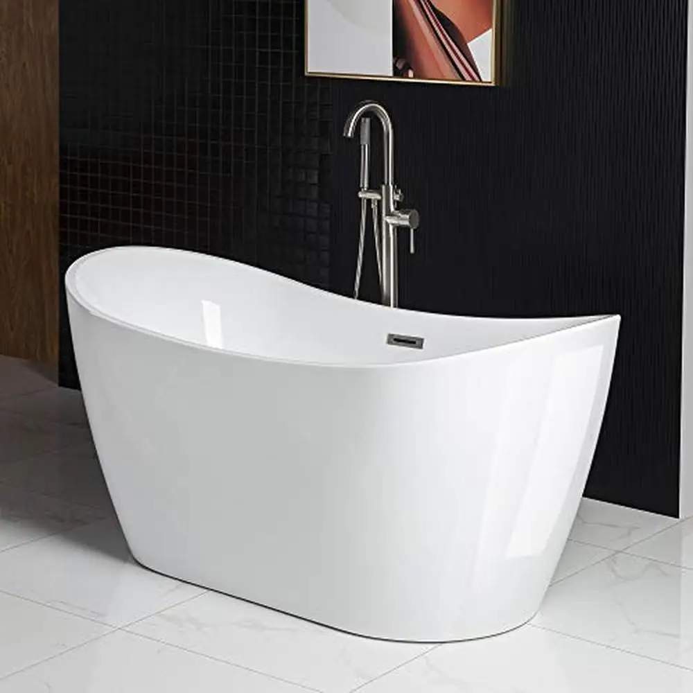 59" Sleek White Acrylic Soaking Bathtub with Brushed Nickel Drain and Overflow Premium Quality Design 6