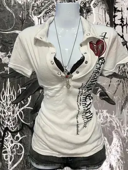 Y2k Retro New Millennium Street Wear Outfit Spicy Girl White Short Sleeved T Shirt Women Vintage Slim Fit Waist Cinching Top Ins 1