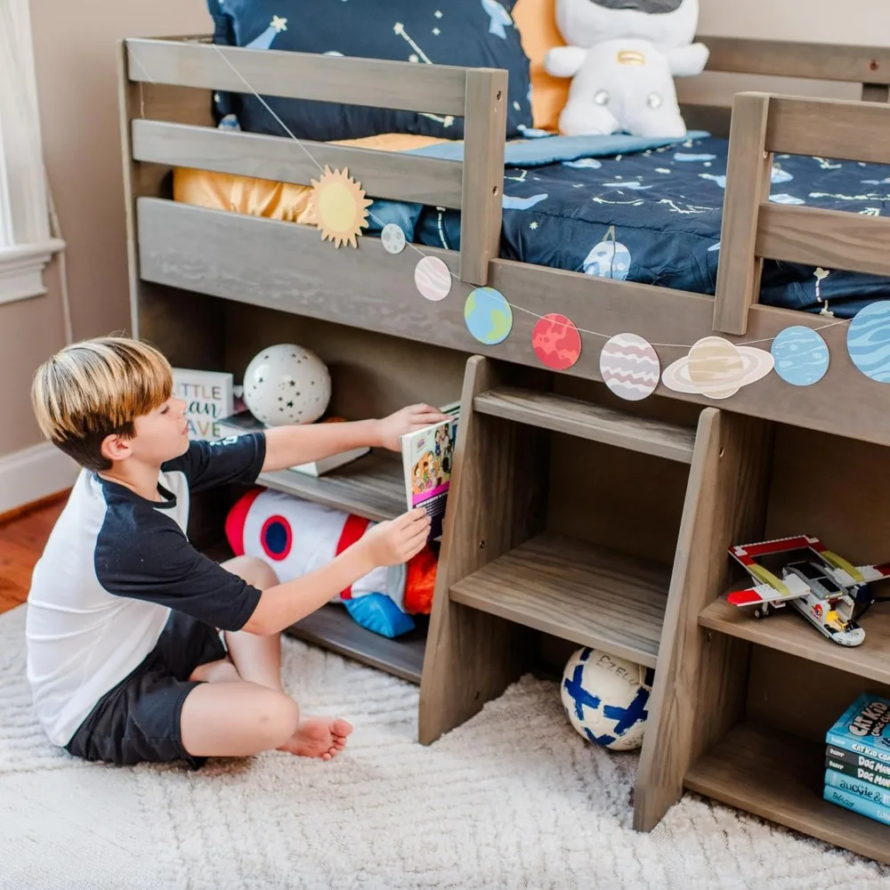 Modern Farmhouse Low Loft Bed, Twin Bed Frame for Kids with 2 Bookcases, Driftwood  Wooden Bed Bunk Beds for Kids 3