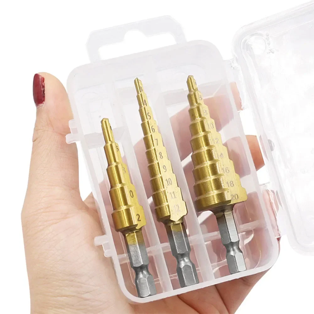 3pcs 3-12mm 4-12mm 4-20mm HSS Straight Groove Step Drill Bit Set Titanium Coated Wood Metal Hole Cutter Core Cone Drilling Tools 3pcs hss step drill bit straight groove titanium coated wood metal hole cutter high speed steel core drill bit 3 12 4 12 4 20mm