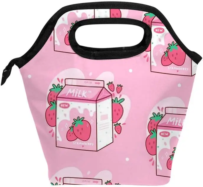 Lunch Bag Lunch Box Muslimton Of Strawberry Milk Kawaii Anime Cartoon Pink Lunch Case Custodia Termica Per Alimenti Custodia Per Il Trasporto