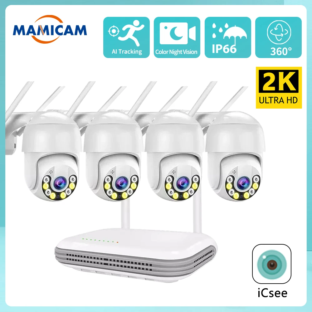 Wireless WiFi Security Camera 4MP 8CH Kit NVR Waterproof Outdoor PTZ CCTV System Face Detect Video Surveillance Set H.265 ICSEE