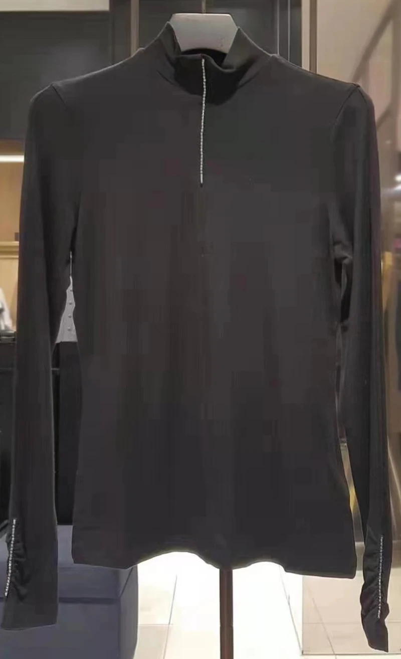 Sale spring autumn stand up collar basic long sleeves crystal shirt for women elegant ladies casual wear stretch layer high