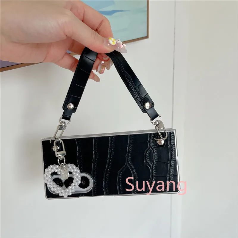 Pearl Heart Pu Leather Alligator Pattern Case For Samsung Galaxy Z Fold_voghion.com