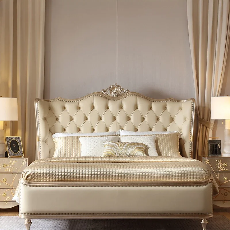 

Leather Art Bed European Style Carved Vintage Solid Wood Master Bedding Princess Twin Leather Art Bed