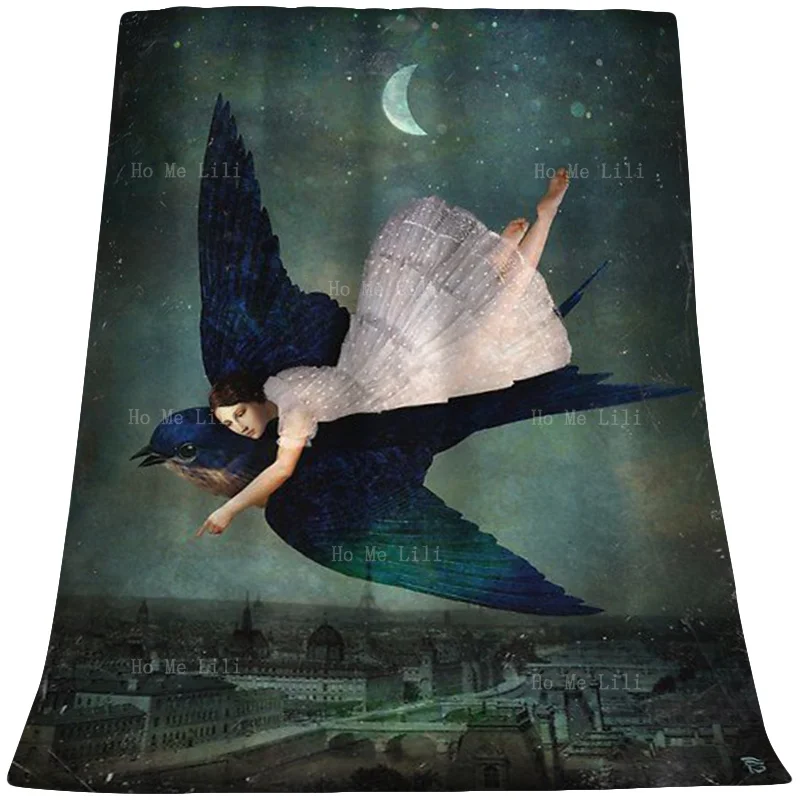 

A Swallow Is Flying Among The Stars, Carrying A Woman In White On Her Back Flannel By Ho Me Lili Suitable For All Seasons