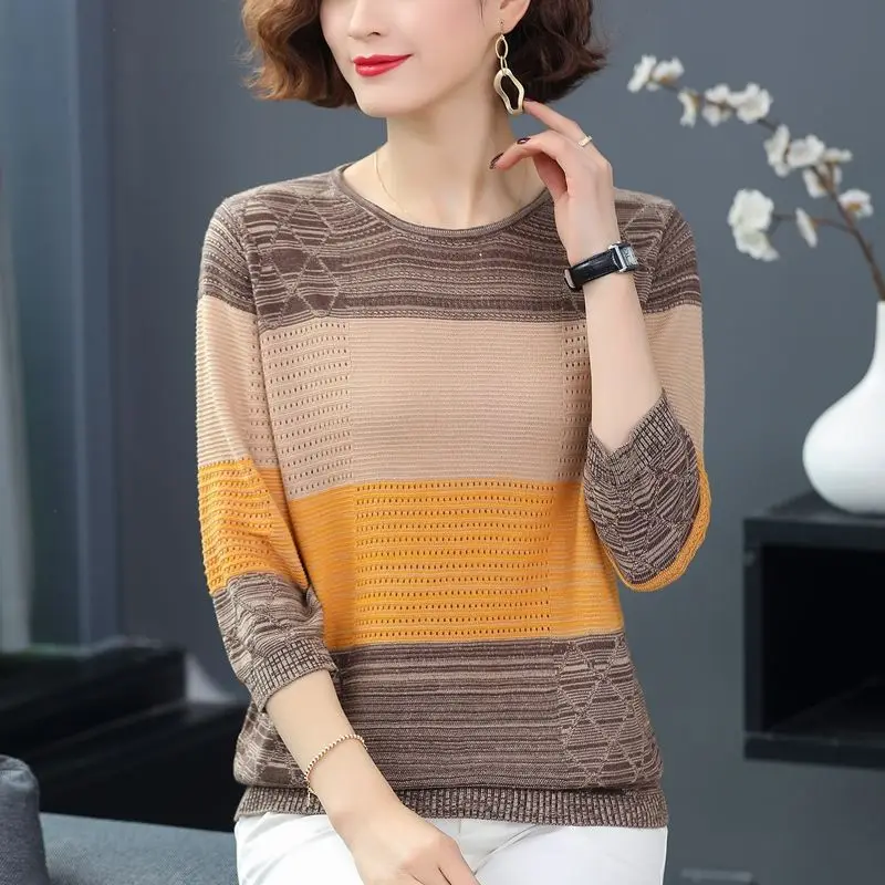 

Knitted Bottoming Shirt Spring and Autumn T-shirt New Round Neck Three-quarter Sleeves Women Blouse