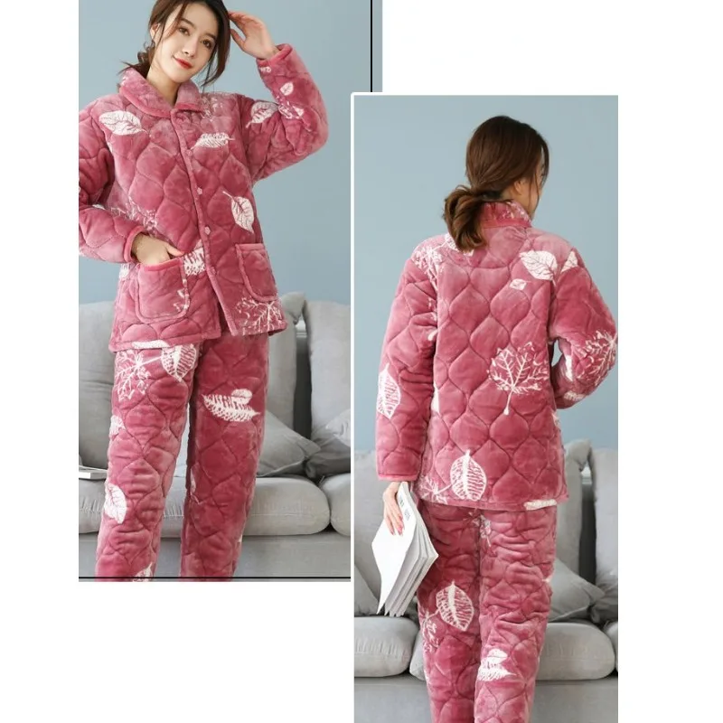 2023 New Pajama Women Winter Three-layer Thick Flannel Loungewear Cute Large Size Warm Middle-aged Cotton Warm Household Clothes