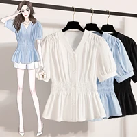 Plus Size Chiffon Blouse Women Summer 2025 New Fashionable V Neck Short Sleeve Big Size Women Tops Elastic Waist Shirts Blouses - Image 2