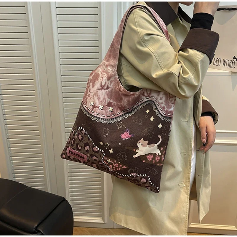 Retro-Einkaufstasche mit Leopardenmuster, kreative Canvas-Tasche mit Welpenmuster, stilvolle lässige Umhängetasche, umweltfreundliche Einkaufstasche, Damen-Handtasche – Detail 11