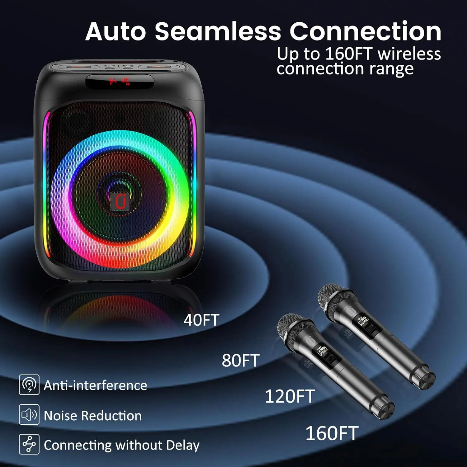 T16 Karaoke Machine Equipped with 2 Wireless Karaoke Microphones, BtTwsUsbTf CardAux Input, Portable Bluetooth Speaker Home Karaoke 0K System, with Rgb Colorful Lights 4