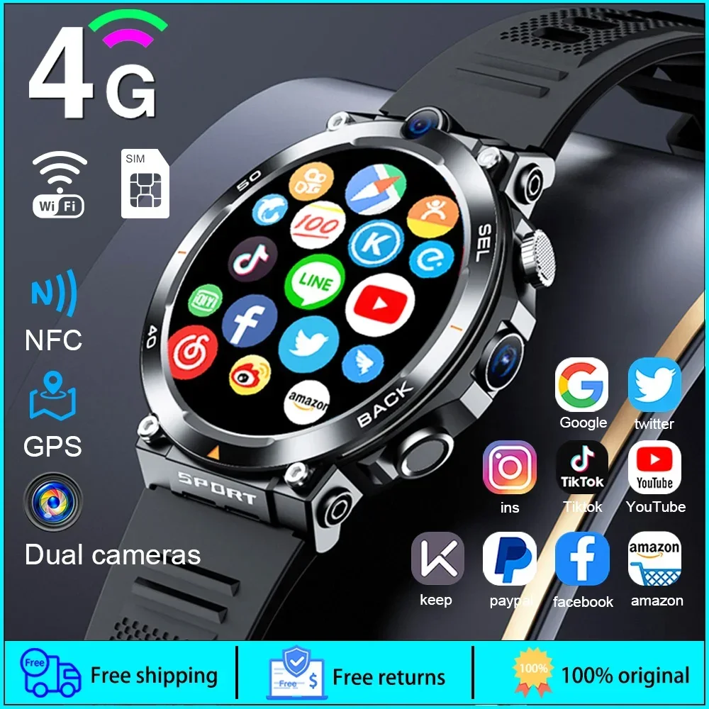 4G LTE 안드로이드 스마트워치, GPS 듀얼 카메라, 와이파이 SIM, NFC, 견고한 16G ROM, 구글 플레이 앱 다운로드, IP67, 남녀공용 스마트 워치, 1.39 인치