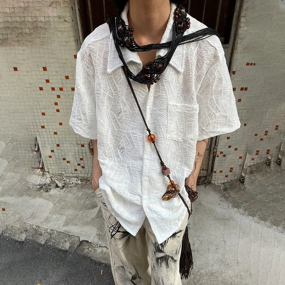 Fashion Streetwear Retro Pleated Short Sleeve Shirt Summer New Cuban Collar Jacquard Shirts Top LGBT Solid Unisex Button Blouse