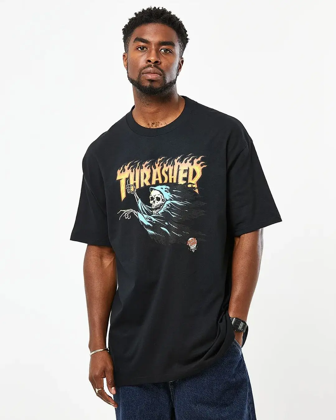 

American Trend Skateboard Flame Letter Skull Print T-shirt Men's Street Y2K Hip-hop Harajuku Clothing Cotton Sweatshirt