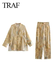 TRAF 2023 New Women Fashion Elegant Pants Suits Yellow Printed Casual Loose Shirts + Straight Wide Leg Baggy Pants Outwear