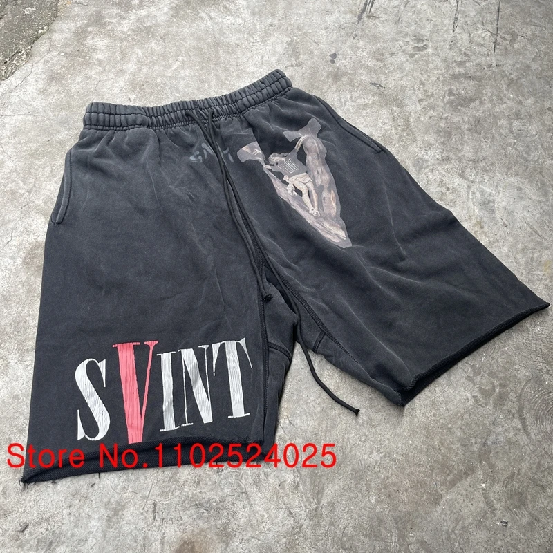 세인트 마이클 남성용 캐주얼 반바지, 올드 프린트 스트리트 패션, 코튼 워시 블랙 팬츠, 유니섹스 스타일, 여름