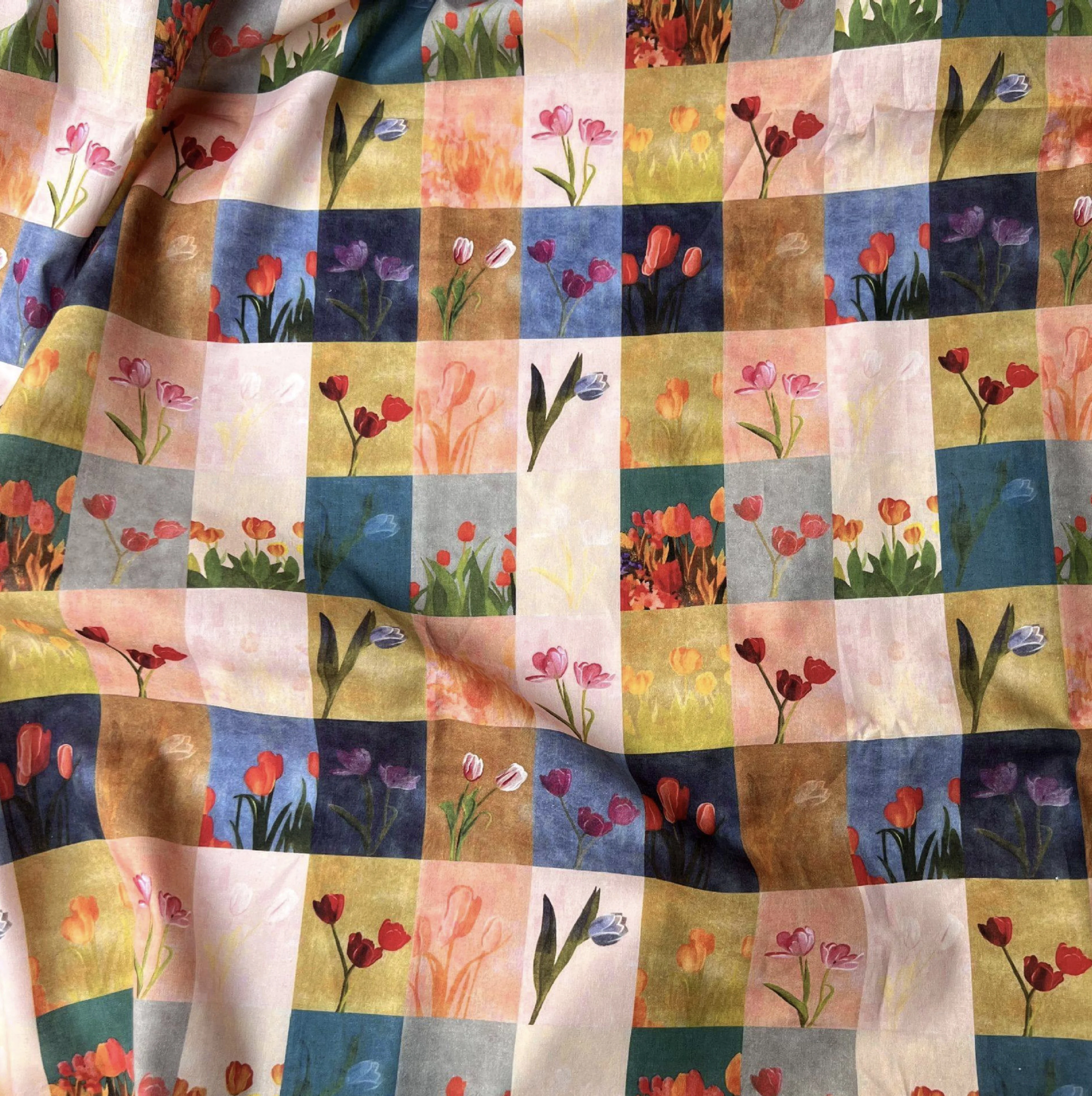 Cotton Poplin 60s Digital Retro Color Plaid Tulip Printed Fabric Making Strap Dress Summer Girls' Women's Clothing Cloth
