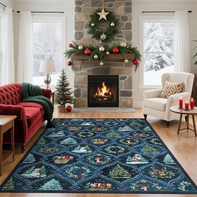 Christmas Living Room Carpet Large Area Christmas Tree Print Bedroom Rugs Machine Washable Non-slip Soft Coffee Table Mats Ковер