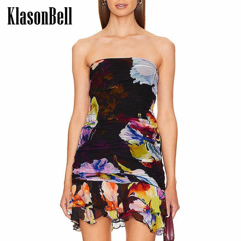 

5,23 KlasonBell модное сексуальное платье без бретелек с рюшами и присборенной талией с оборками женское короткое платье с принтом на бедрах